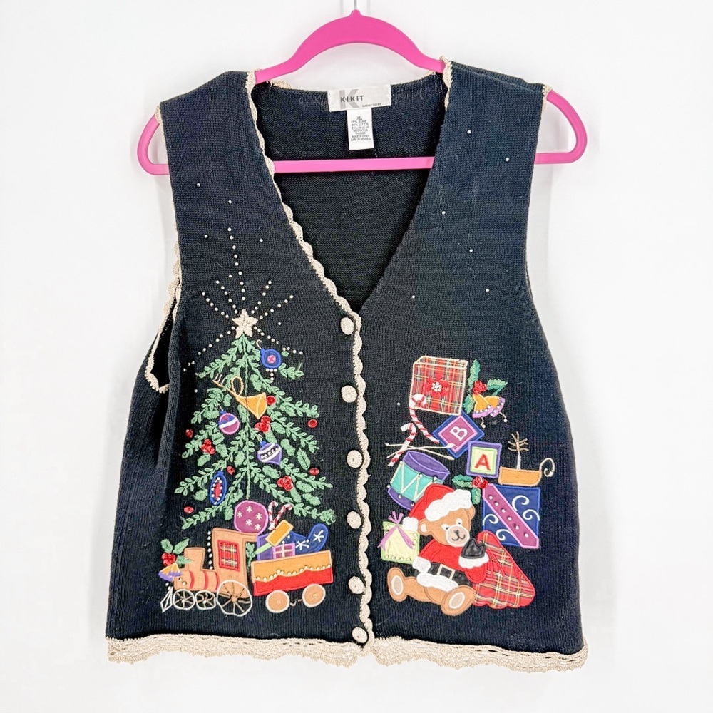 Festive V-Neck Sweater Vest - Black